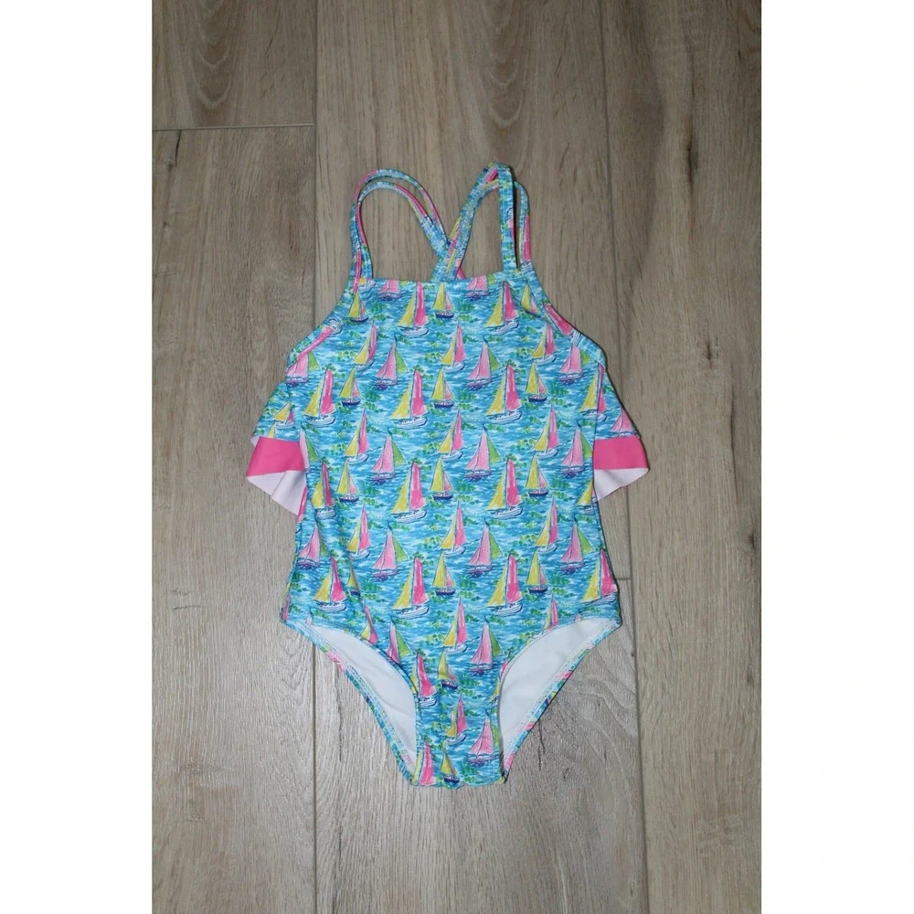 The Oaks Apparel Company‎ Girls Blue Sailboat Ruffle One Piece Swimsuit 4Y